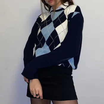 

Girls Cute Argyle Plaid Knitted Long Sleeve Casual Sweater Preppy Style O-Neck 90s Jumpers Autumn Winter Fashion Knitwear