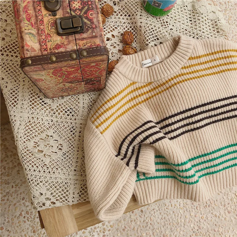 Осень-зима; теплые свитера в полоску для мальчиков и девочек; детский СВОБОДНЫЙ Модный вязаный свитер; одежда