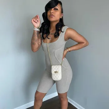 

2020 Summer Women Female Bodysuit Jumpsuit Playsuit Sexy Patchwork Clubwear Fit O Neck Sleeveless Bodycon High Street Homewear