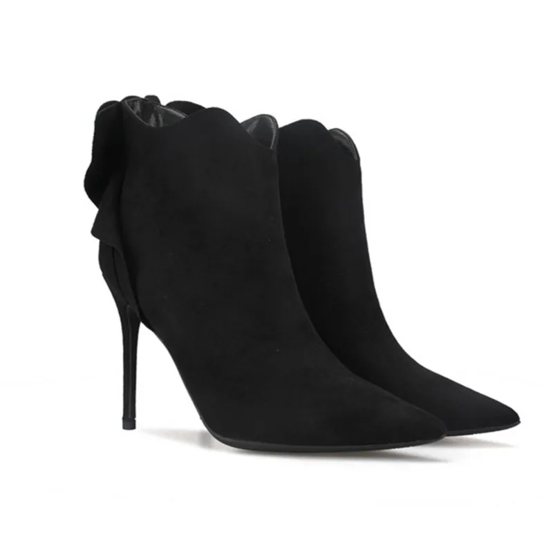 KATELVADI/зимние ботильоны с острым носком; обувь на высоком каблуке 10 см; женская однотонная обувь из флока коричневого цвета с боковой молнией; модная женская обувь в сдержанном стиле; K-484