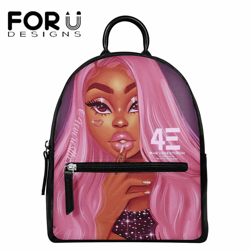 

FORUDESIGNS Black Princess Melanin Girls Print Women Backpack 2020 Female Leather Backpacks Double Zipper Shoulder Bags Rucksack