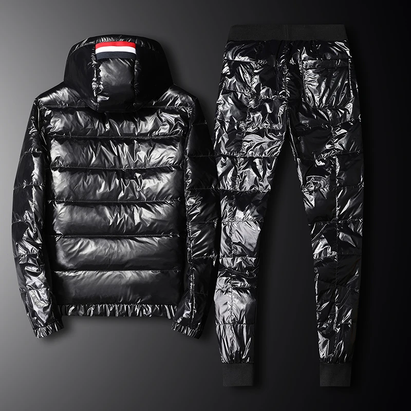 black set Зима, тренд, брендовый, мужской, глянцевый, рабочий, короткий пуховик, пальто, мужской, Повседневный, уличный стиль, теплый, модный, Подростковый, короткий - Цвет: black set