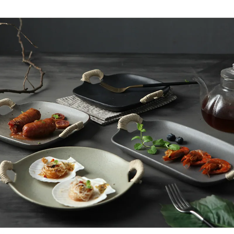 FANTERCY Cuisine Fruit Plate Sushi Plate Binaural Twine Various Shapes Ceramic Plate Matte Color Glaze Creative Baking Tray