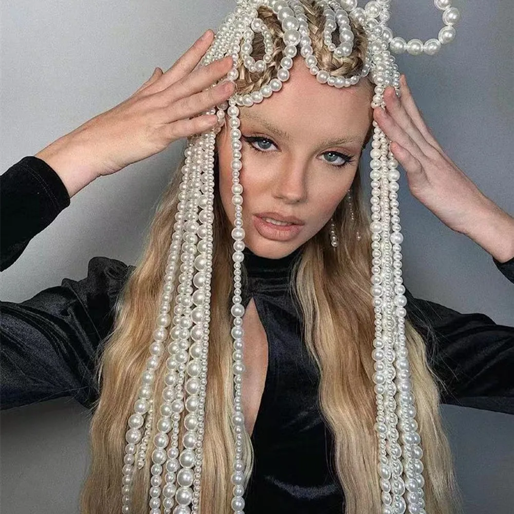 DIY Simulated Pearl Long Tassel Hair Chains Hair Clips for Women