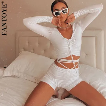 

FANTOYE Sexy V-neck Halter Bandage Two Piece Set Women Summer Backless Crop Top And Long Pant Suit Casual Slim Solid Tracksuit