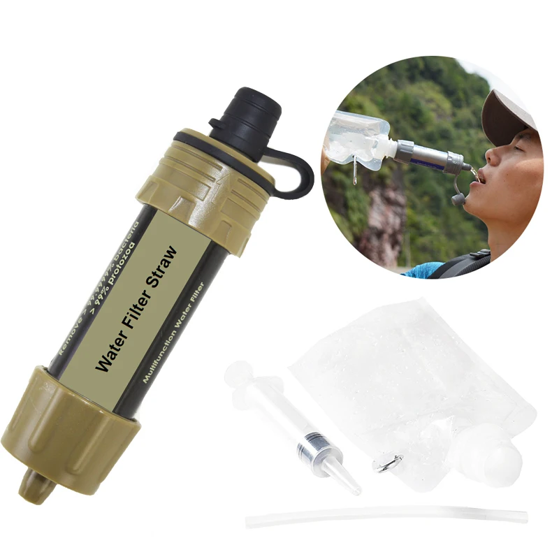 

TOP!-Outdoor Straw Water Purifier Emergency Water Filter Straw Water Filtration System Camping Equipment with Syringe, Water Bag