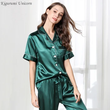 

Spring Summer Pyjamas Women Silk Satin Short Sleeves Ladies Pajama Sets Shorts Solid Simple Sleepwear Homewear Pijamas New