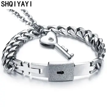 

SHQIYAYI Couple Lover's Jewelry Sets Necklace Bracelets Women Men Stainless Steel Lock Pendant Anniversary Friendship Gift 001