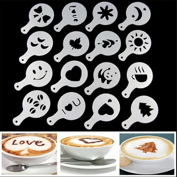 

16Pcs Fashion Cappuccino Coffee Barista Stencils Template Strew Flowers Pad Duster Spray DIY Fondant Sugar Craft Decorating Tool