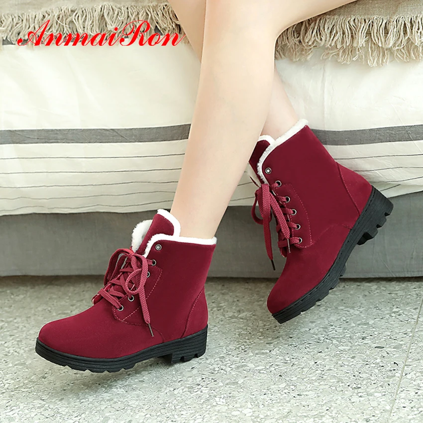 

ANMAIRON Cow Suede Parent-child Shoes Ankle Round Toe Snow Boots Lace-Up Med Height Increasing Solid Plush Cross-tied women boot