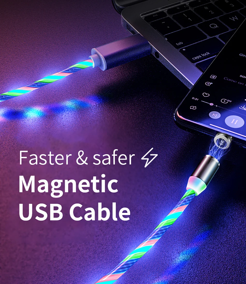 Магнитный светодиодный кабель, светящееся зарядное устройство Micro usb type C для быстрой зарядки iPhone, samsung, USB-C, type-C, кабели для мобильных телефонов