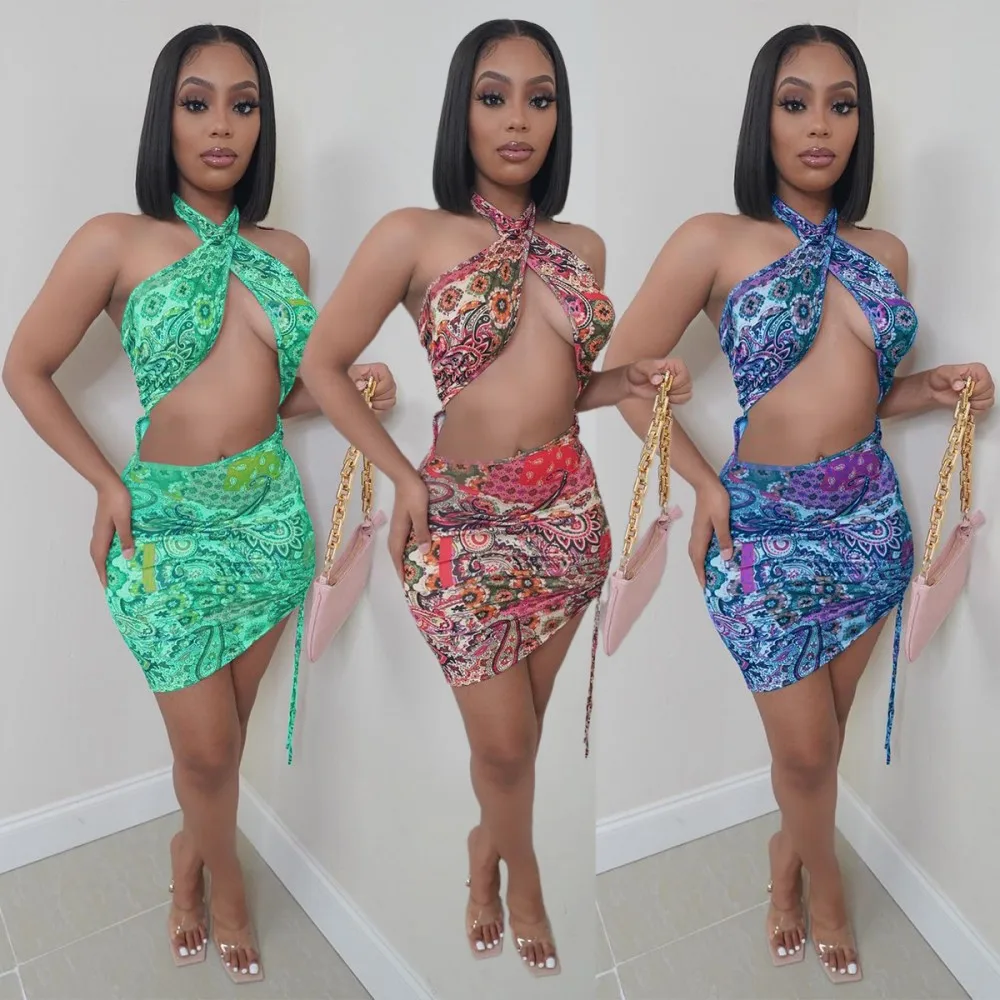 Sexy Drawstring Wrap Dress Ladies High Waist Backless Miniskirt 2021new Summer European And American Print Night Dress Wrap Hips