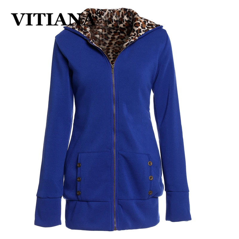 

VITIANA Women Casual Long Hoodies Autumn Winter 2019 Female Long Sleeve Leopard Warm Zipper Hooded Ladies Streetwear Coats 3XL
