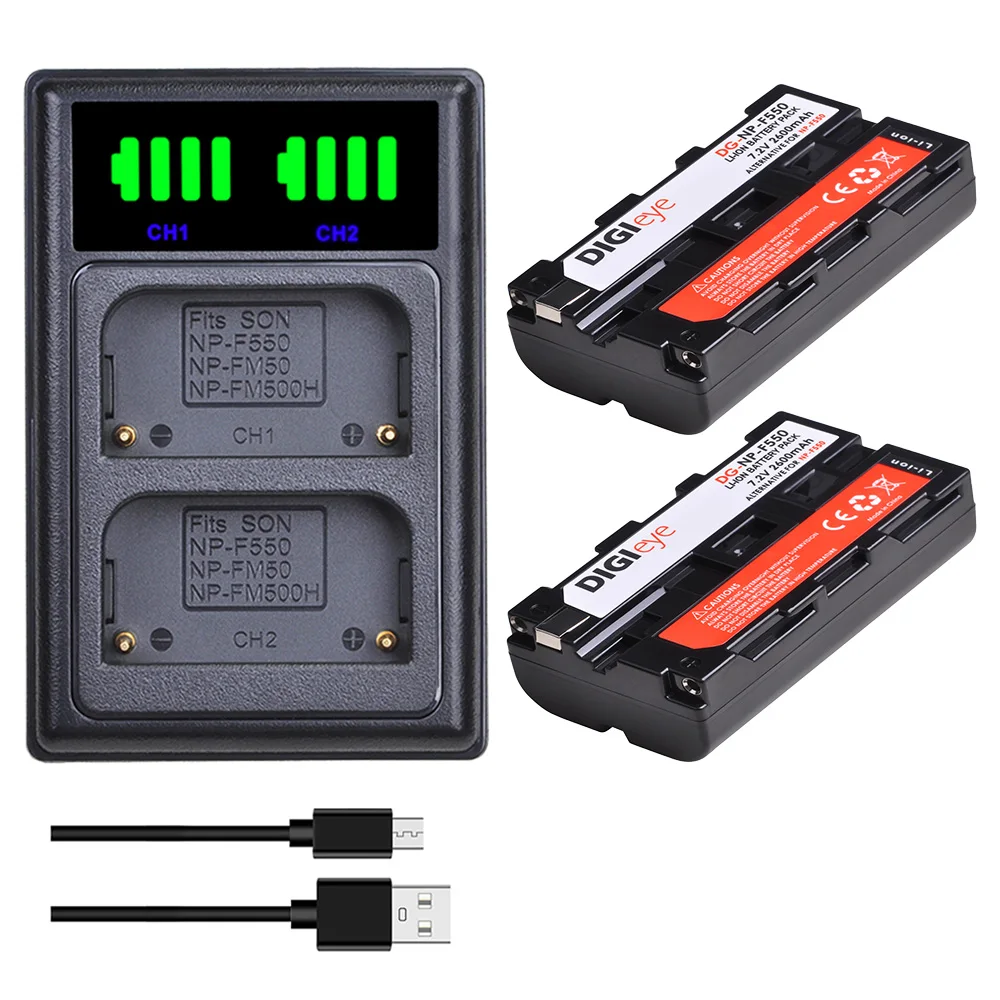 

2Pcs NP-F550 NP-F330 NP-F530 NP-F570 NP-F730 NP-F750 Battery + LED Dual Charger Type C for Sony CCD-SC55 CCD-TRV81 MVC-FD81
