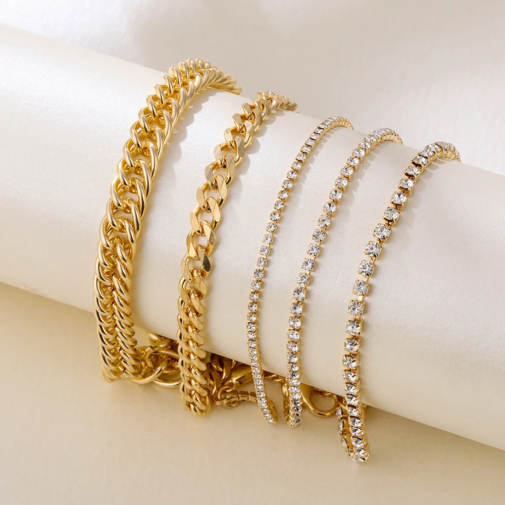 DIEZI 5pc/set Vintage Simple Link Chain Full Rhinestone Anklets For Women Girls Bohemian Leg Ankle Anklet Bracelet Beach Jewelry