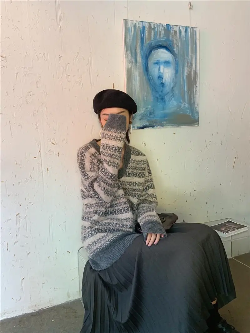 ICHOIX, корейский стиль, винтажный женский свитер, мягкий свободный свитер большого размера, Полосатый пуловер с v-образным вырезом, Женский вязаный зимний свитер