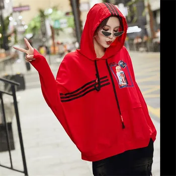 

2019 Spring Autumn oversized hoodie women Letter female stripe print character hip-hop style pullover long-sleeved punk women