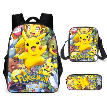 

Children School Bags Cartoon Pikachu Printing 14inch Shoulder Backpack 3Pcs/set Kids Pokemon Custom Students Bookbags