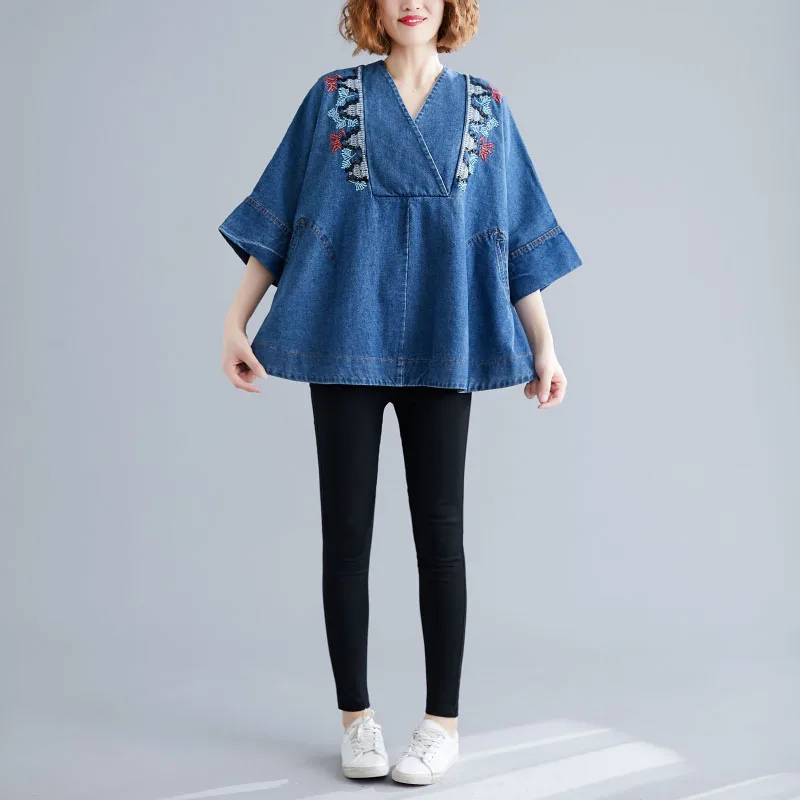 4XL 5XL 6XL плюс размер с длинным рукавом женские блузы с вышивкой рубашка винтажные джинсовые женские свободные повседневные блузки Осенняя джинсовая рубашка