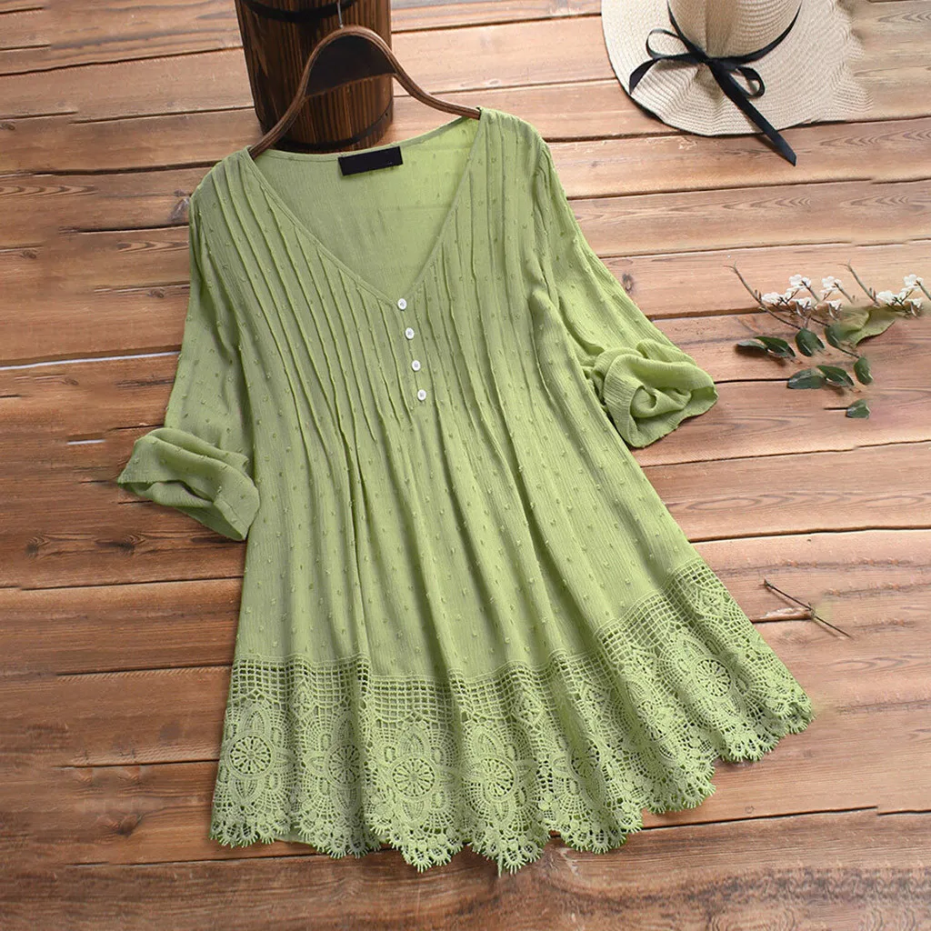 Indefinido de verano blusa de las mujeres de talla grande S-5XL mujeres Vintage tres cuartos de encaje con cuello en V botón blusa camisas de trabajo de oficina