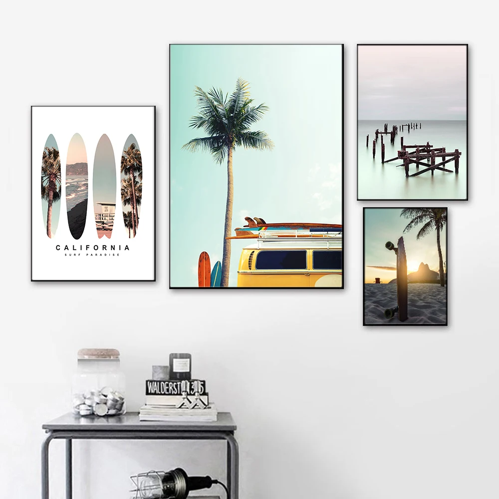 Nordic Style Beach Wall Art California Beach Car Canvas Painting Ocean Posters and Prints Decorations for Livingroom Home Decor