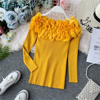 

2020 new solid knitted women sweater slash neck solid slim flower lady female pullovers top quality