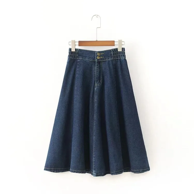 

B- 8629 2018 Spring New Style WOMEN'S Dress High-waisted Solid Color Two-Button Long Loose Cowboy Half-length