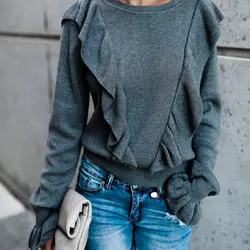 Винтажный стильный короткий вязаный женский свитер с оборками 2019, модные милые пуловеры с круглым вырезом и длинным рукавом, шикарные топы