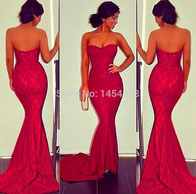 

free shipping Vestidos 2019 Customized Made Sweetheart Strapless Party Gowns Sexy Red Lace Long Mermaid Prom Dresses Formal Gown