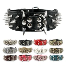 

High Quality 2" Width PU Leather Big Dog Collar with Black Sharp Spikes Studded for Large Dog Pitbull Mastiff