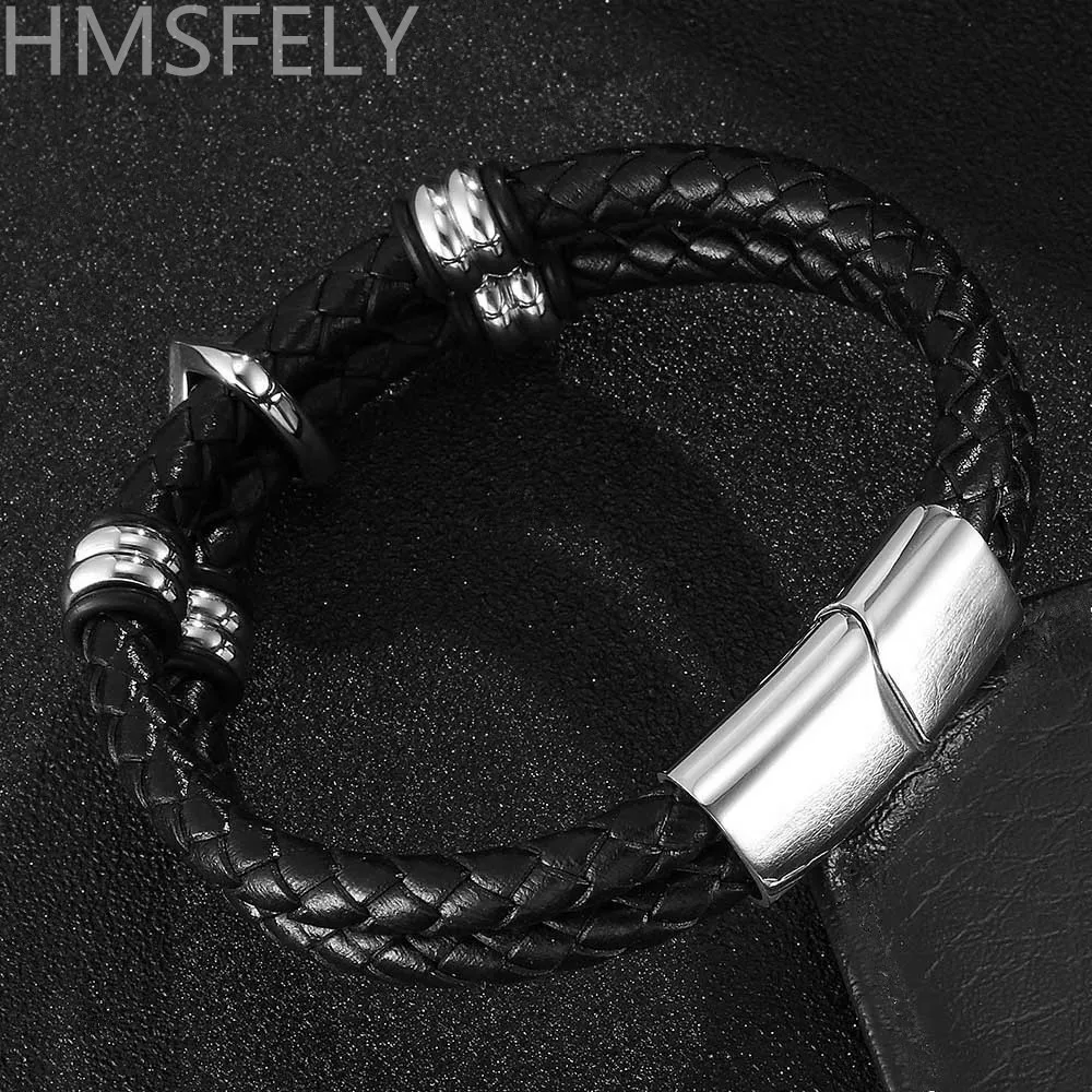 HMSFELY браслет мужской плетеная натуральная кожа мужской браслет femme мужские s Нержавеющая сталь лопаты череп браслеты ювелирные изделия ручной работы