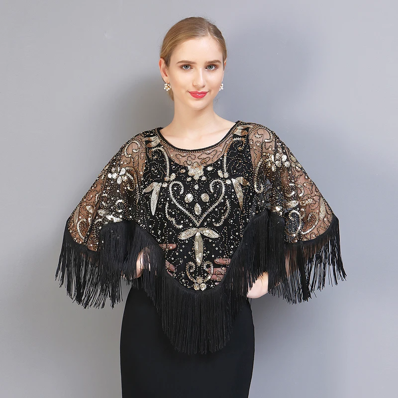 High Quality Women's 1920s Sequin Shawl Mesh Tassel Evening Party Cape Flapper Cover Up Short Sleeve Blouses