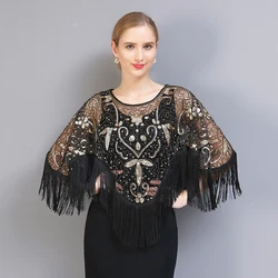 High Quality Women's 1920s Sequin Shawl Mesh Tassel Evening Party Cape Flapper Cover Up Short Sleeve Blouses