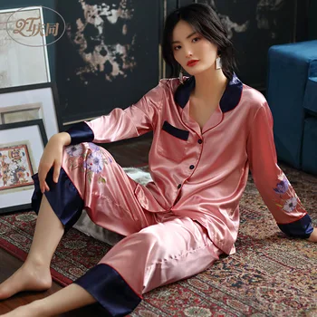 

Summer Ice Silk Long Sleeve Pajamas Cute Two Piece Suit Korean Plus Size Thin Silk-like Pijama Mujer Floral Printing Sleepwear