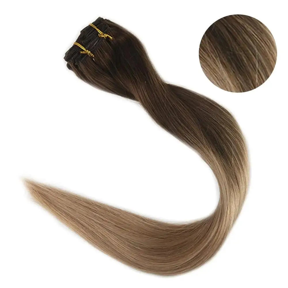 

Full Shine Ombre Remy Clip in Extensions Human Hair Color #4 Fading To #27 7Pcs 100g Full Head Bundles Double Wefted