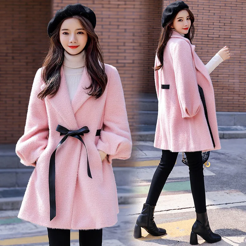 

Woolen Jacket Women's Mid-length Korean-style New Style 2019 Autumn And Winter Slim Fit Solid Color Slimming Yellow Gold Mink Ov