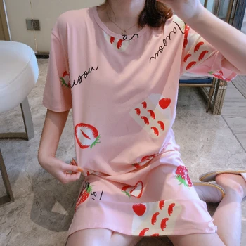 

2020 Summer Womens Sleepwear Cute Sleep Shirt Printed Strawberry Night Dress Short Sleeve Nightwear Casual Printing Soft Dress