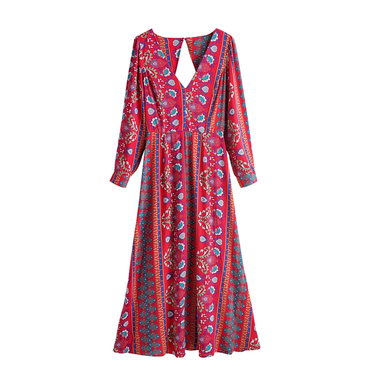 

Jastie 2019 Autumn Women Dress Sexy Hollow Back V-Neck Dresses Boho Floral Print Beach Maxi Dress Long Sleeve Female Vestidos