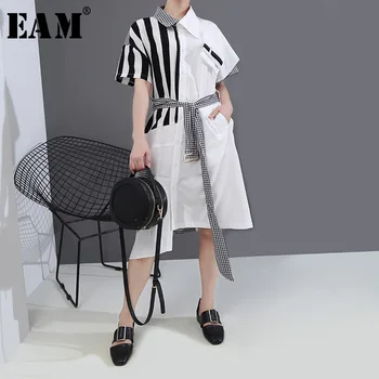 

[EAM] Women Contrast Color Plaid Big Size Shirt Dress New Lapel Short Sleeve Loose Fit Fashion Tide Spring Summer 2020 1T345