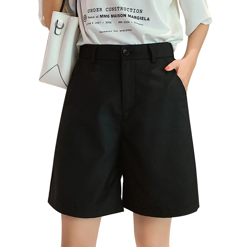 QOERLIN Back Elastic Waist Shorts Women High Waist Short Bermuda Short Female Black Short Girls Retro Fashion Outfit Wide Leg