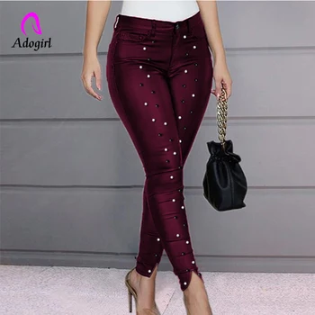 

Burgundy 2020 Sexy Women High Waist Beaded Slit Pant Spring Bodycon Trousers Elegant Skinny Slim Bottoms Elegant Pencil Pants