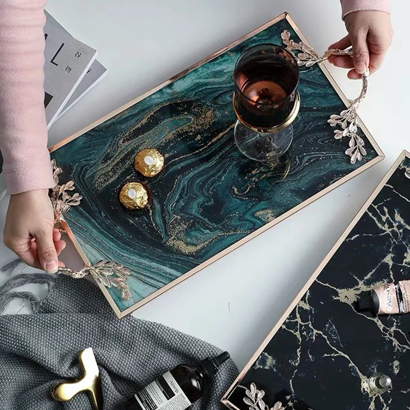  Luxury Home Decoration Marble with Gold Inlay Serving Tray Rectanguler Kitchen Storage Plate Drinkw - 4000172736739