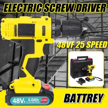 

48VF Cordless Electric Screwdriver Cordless Drill Li-Ion Battery Handheld Rechargeable Drill Impact Power Driver LED Lighting