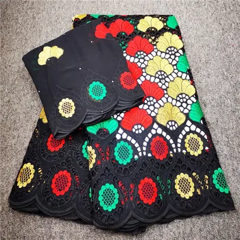 

Black lace fabric high quality swiss voile lace in switzerland embroidered lace tissus africain broderie 7 yards with stones