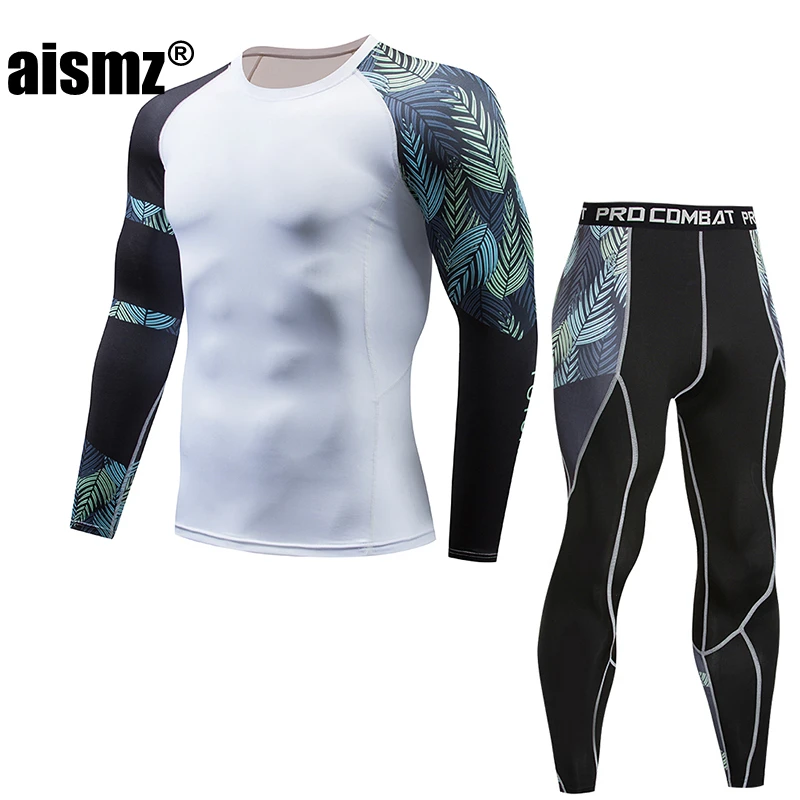 Aismz Тактический ММА rashguard с длинными рукавами Для мужчин фитнес комплект компрессионный спортивный костюм комплект детской одежды Для мужчин moleton Masculino, комплект из 2 предметов - Цвет: AZ2008B