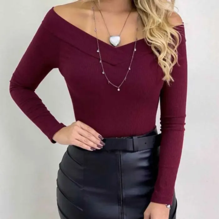 Женщины с плеча Bodycon комбинезон v-образным вырезом с длинным рукавом тонкий боди TY53