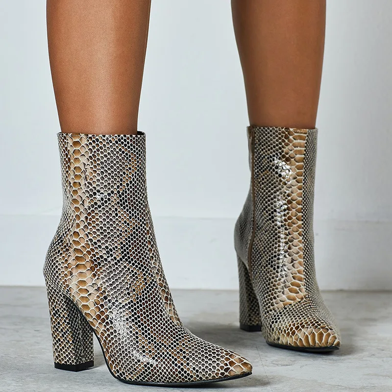 

New Design Snake Print High Heels Ankle Women Boots Pointed Toe Zipper Fashion Booties Party Sexy Female Shoes Woman
