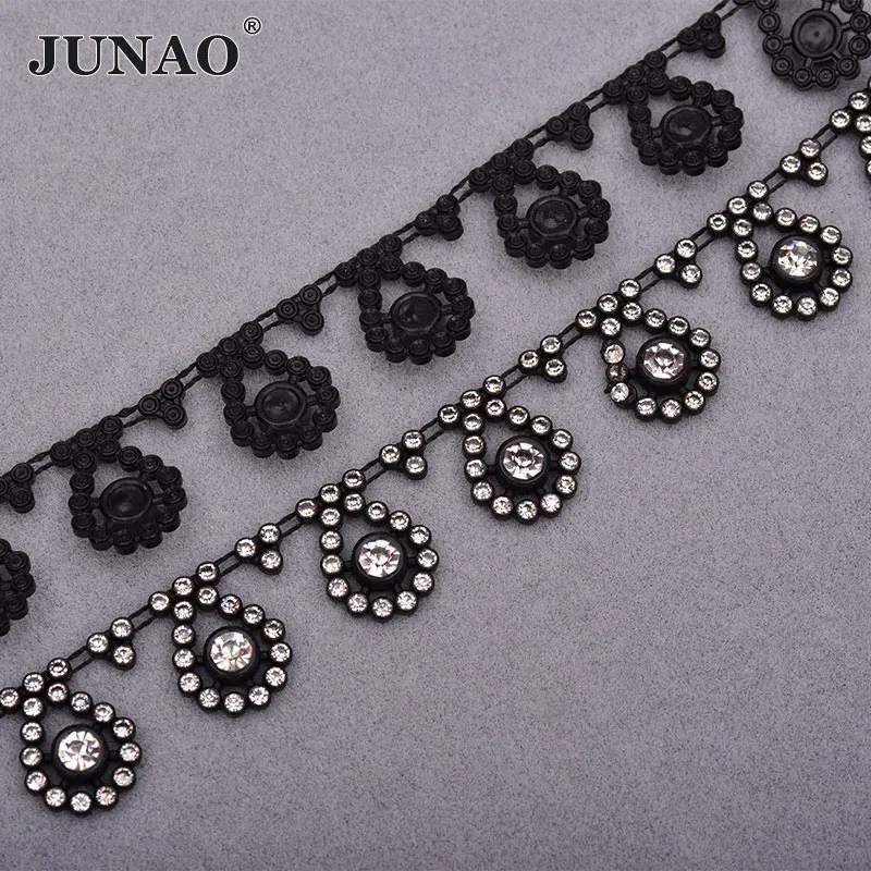 JUNAO, 1 ярд, прозрачные черные стразы для шитья, декоративная лента, кристальная лента для аппликации, Стразовая окантовка для одежды - Цвет: Drop Black