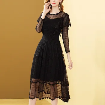

Gedivoen Autumn Fashion Runway Wrist Sleeve Dress Women Solid Black Patchwork Ruffles Polka Dot Print A-Line Midi Party Dresses