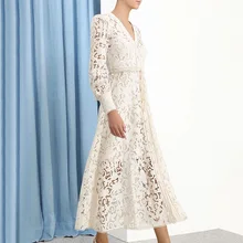 Белое однотонное кружевное платье для женщин, винтажные Подиумные элегантные вечерние платья amxi с v-образным вырезом, женские платья сезона осень-весна vestidos
